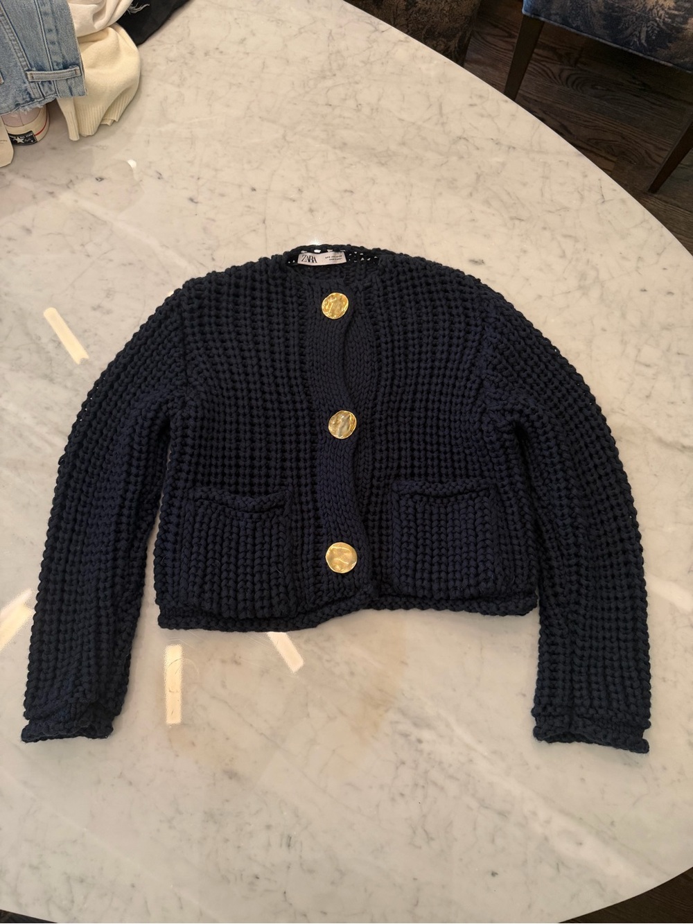 Zara Navy Chunky Knit Cardigan with Gold Buttons